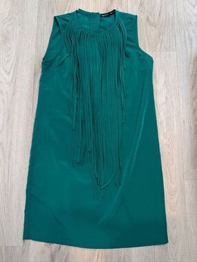 ZARA Green Fringe Shift Dress Women’s Size Small Boho Party Cocktail Mini